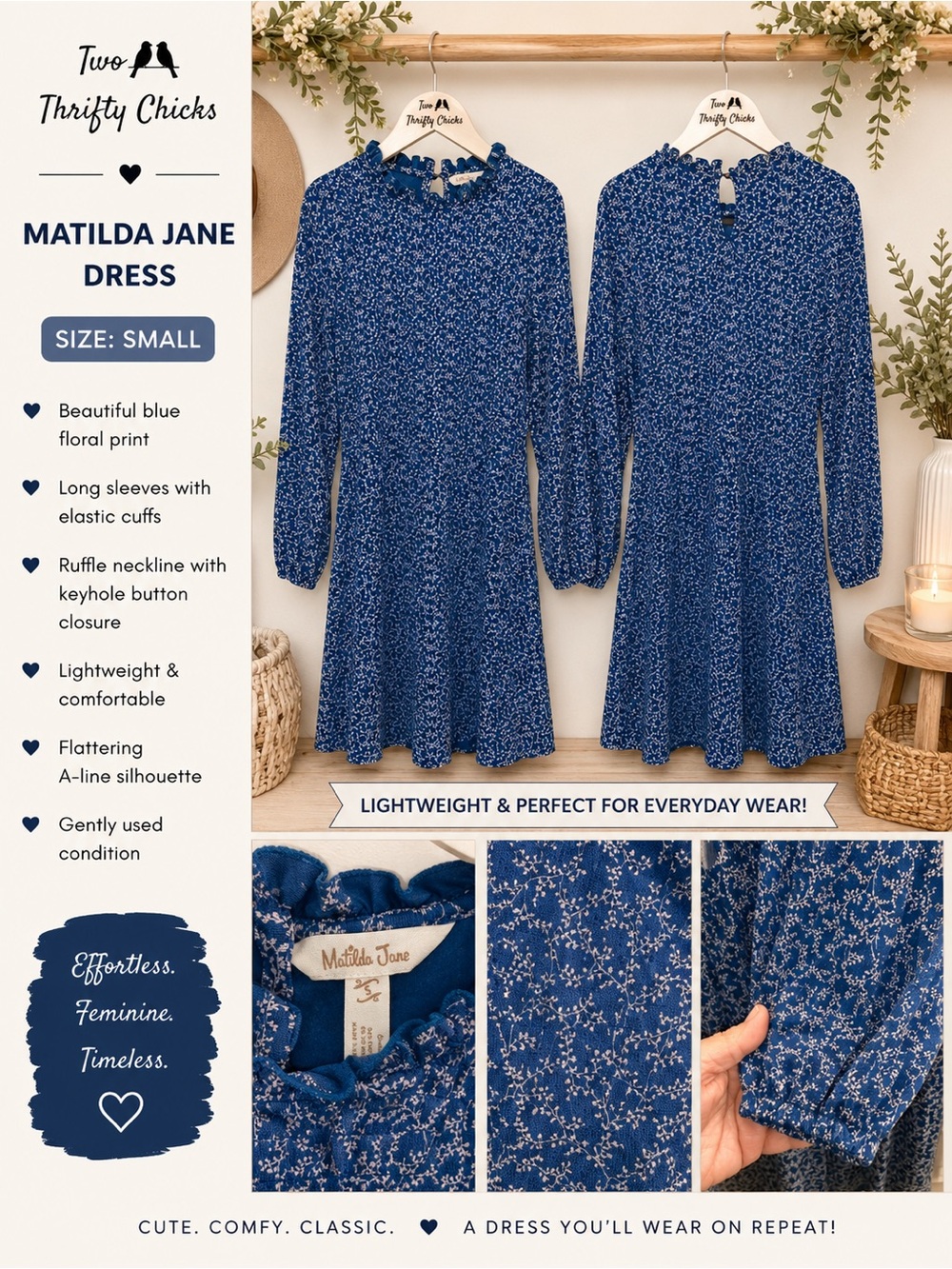 Matilda Jane Women’s Blue Floral Ruffle Neck Dress - Small - GUC